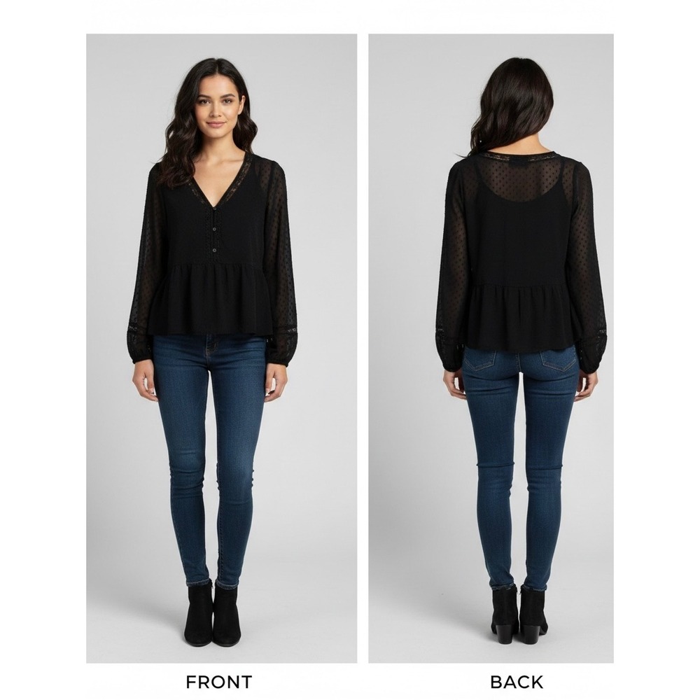 Black Chiffon Long‎ Sleeve Top w/ Lace Detail and Built-in Tank Size Small